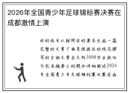 2026年全国青少年足球锦标赛决赛在成都激情上演